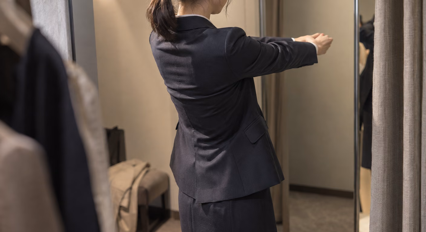 試着室の前で、濃紺のスーツのジャケットを着た女性が両腕を肩の高さまで前へ伸ばし、背中と後ろ襟の布の張りが見えている