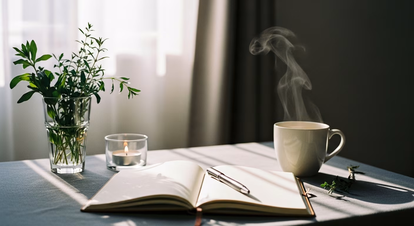 夏の朝活、温かいお茶と手帳と植物の整い、涼やかな15分ルーティンのイメージ