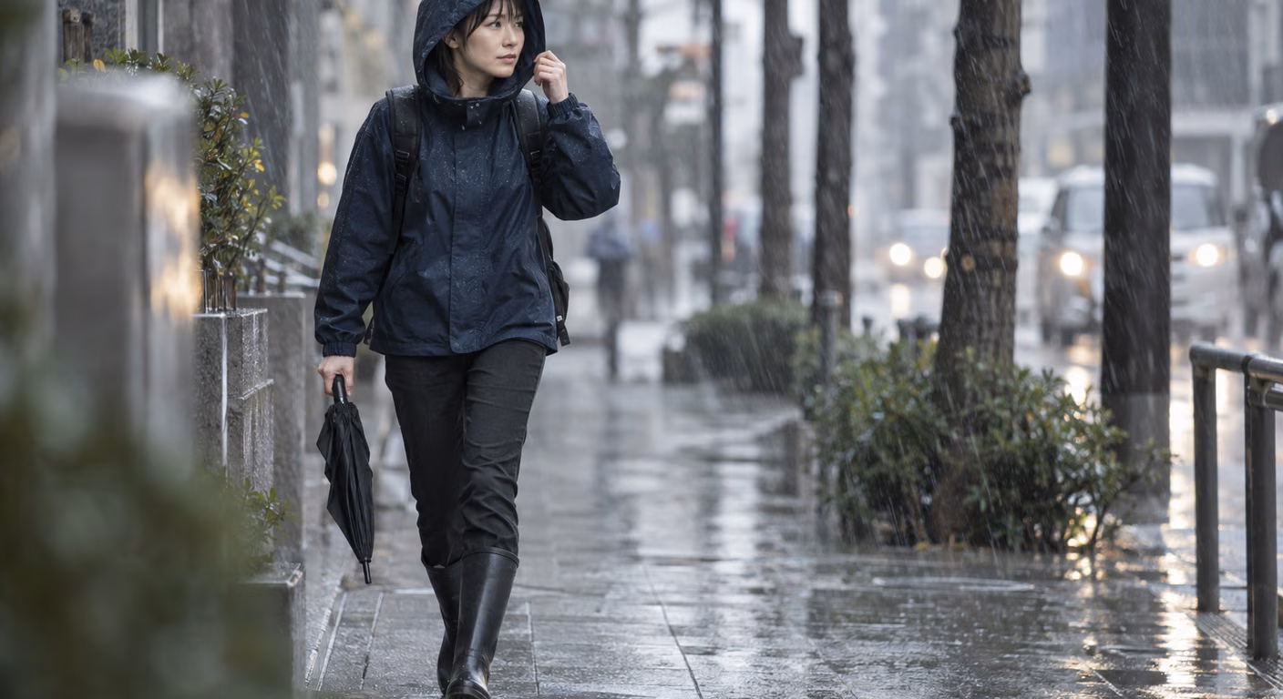 台風の日の服装|傘が役に立たない日に、横から濡れる服と靴を直す