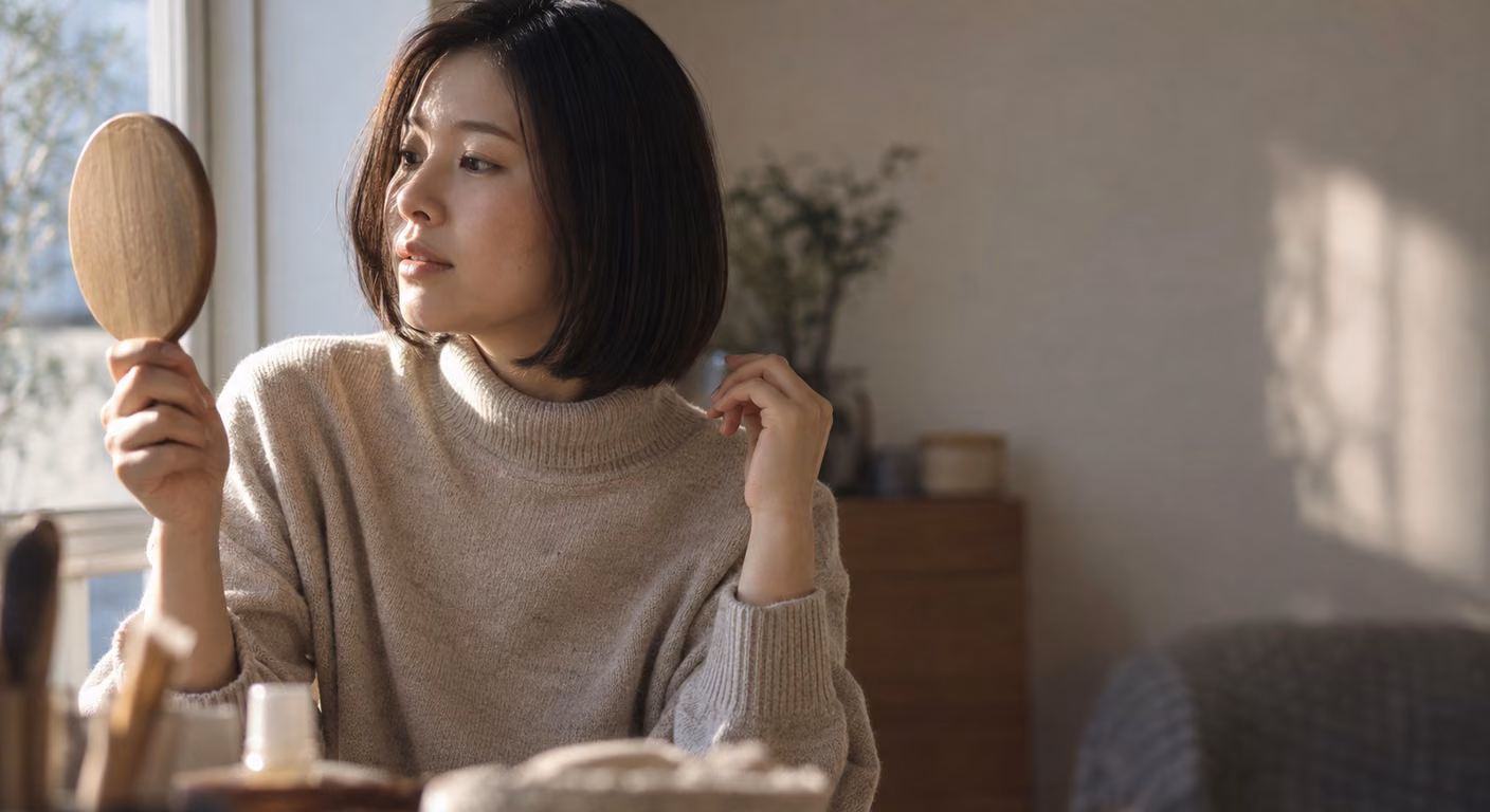 あご下で切りそろえた厚みのあるボブの毛先を、折り返したタートルネックの襟と見比べている女性