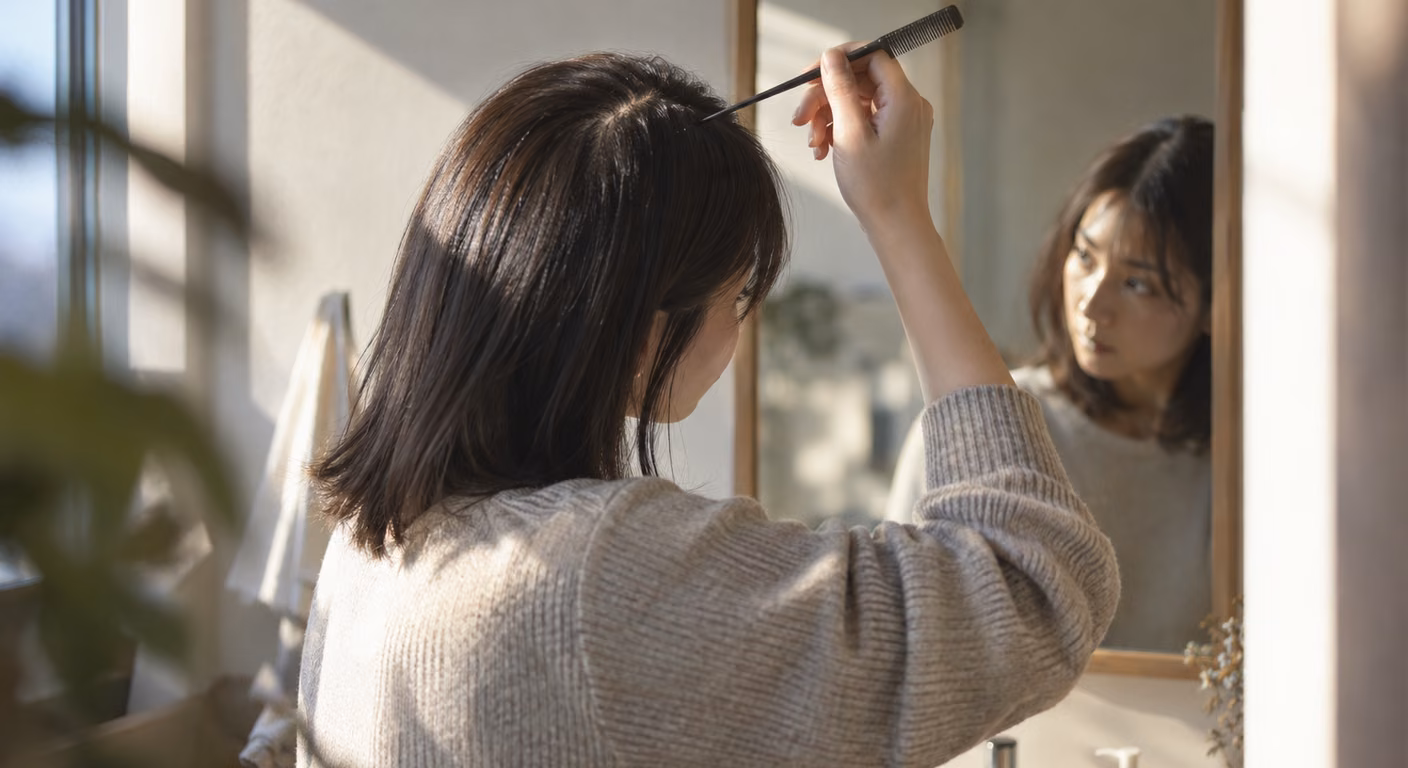 肩にかかる長さの髪の女性が、洗面台の鏡に向かい、コームの先で頭頂の分け目を分けなおしている