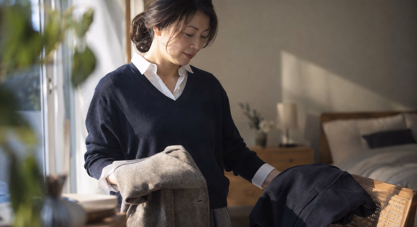 窓辺で浅いVネックの紺のニットに白い襟を重ねた女性が、椅子の上の上着を見比べている横顔