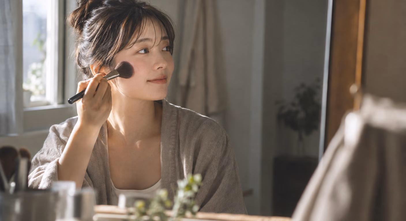 丸い目元の女性が、頬のいちばん高い位置から耳の方へブラシでチークを横に広げている朝の洗面所