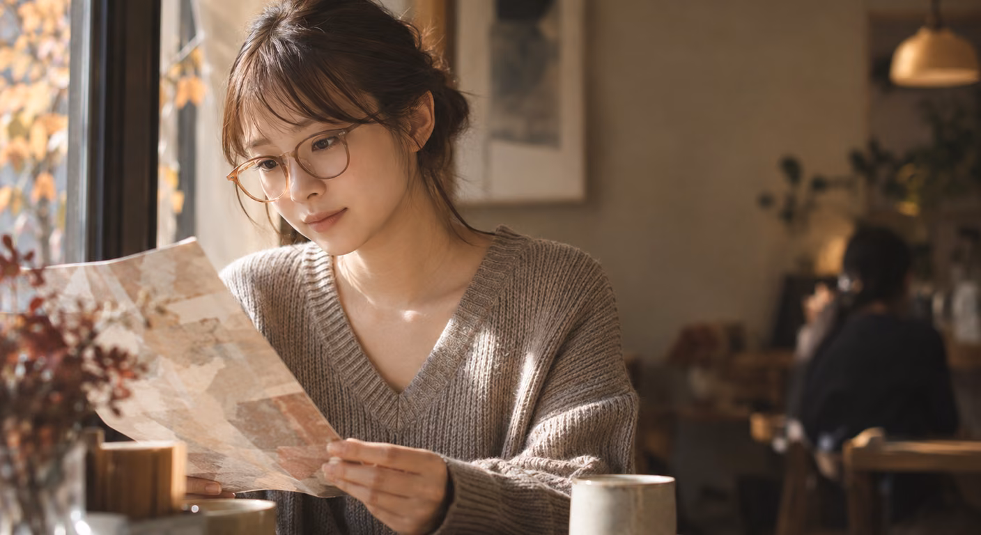 頬の高い位置から下の縁を離した、少し横に伸びた丸い半透明のメガネを掛けてメニューを読む女性