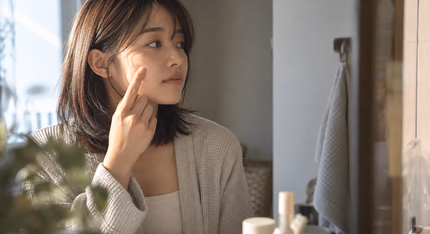 鎖骨にかかる長さの髪に顔まわりの毛を入れた女性が、鏡の前で頬の高い位置に指先を当てて確かめている
