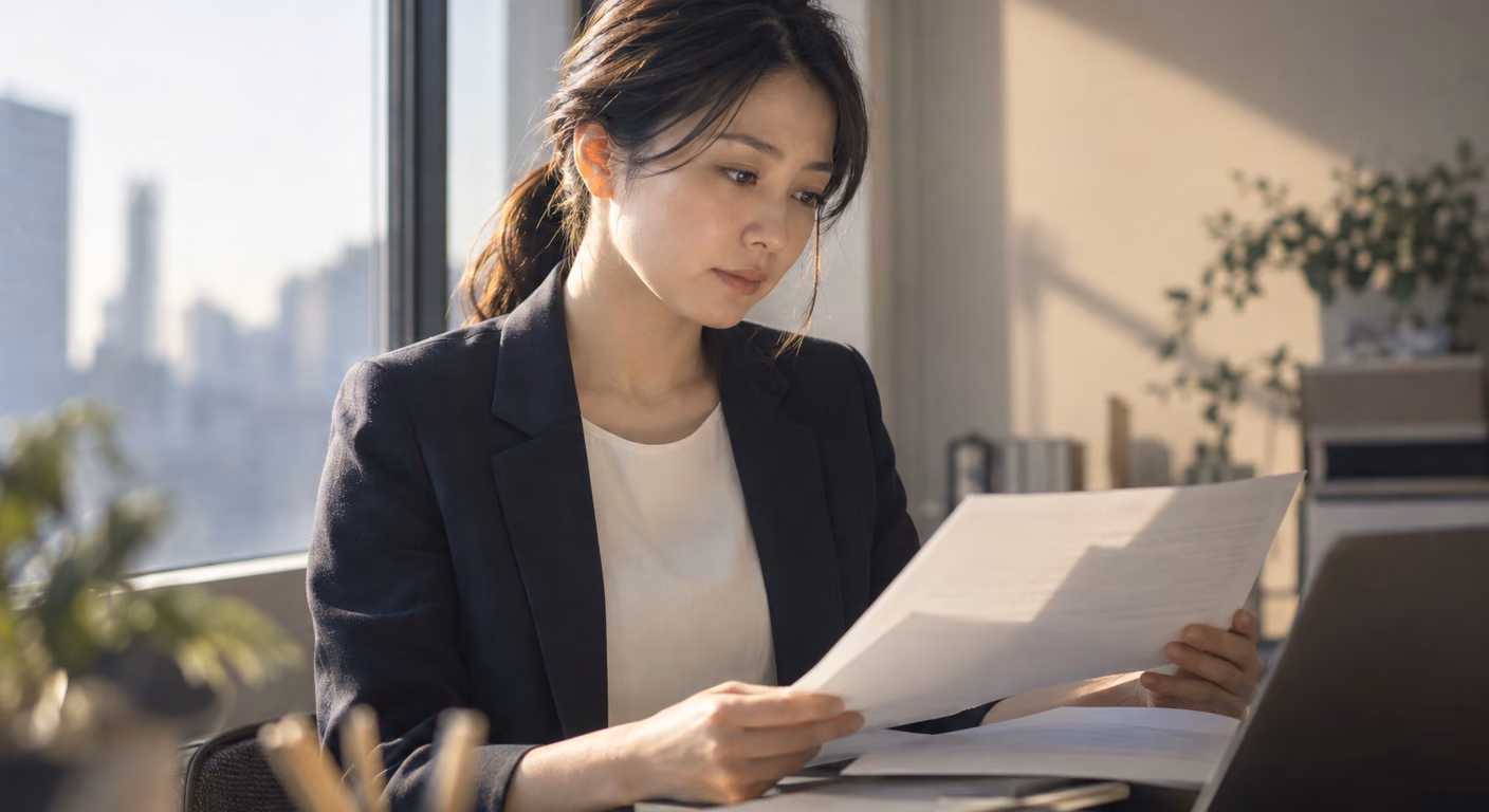 窓辺の机で書類に目を通す、丸みのある顔立ちの女性。紺のジャケットの襟がまっすぐ縦に落ちている