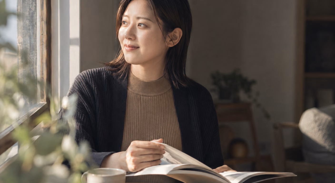 丸みのある顔立ちの女性が、キャメルの低い襟の細リブニットに前を開けたカーディガンを重ね、窓辺で本のページをめくっている