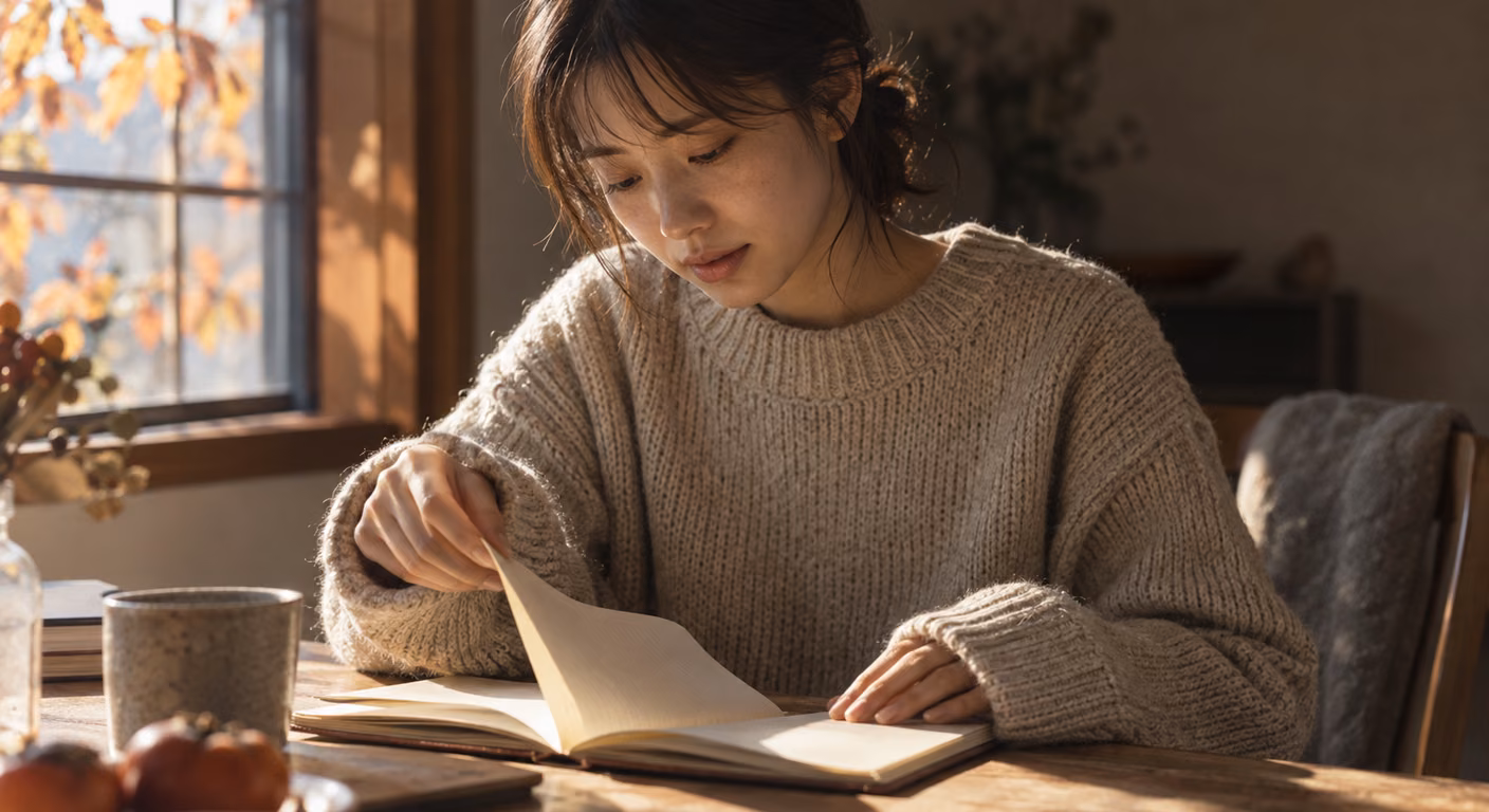 ざっくり編んだ生成りのニットを着た女性が、秋の窓辺の机でノートのページをめくっていて、ニットの袖口が手の甲に少しかかっている