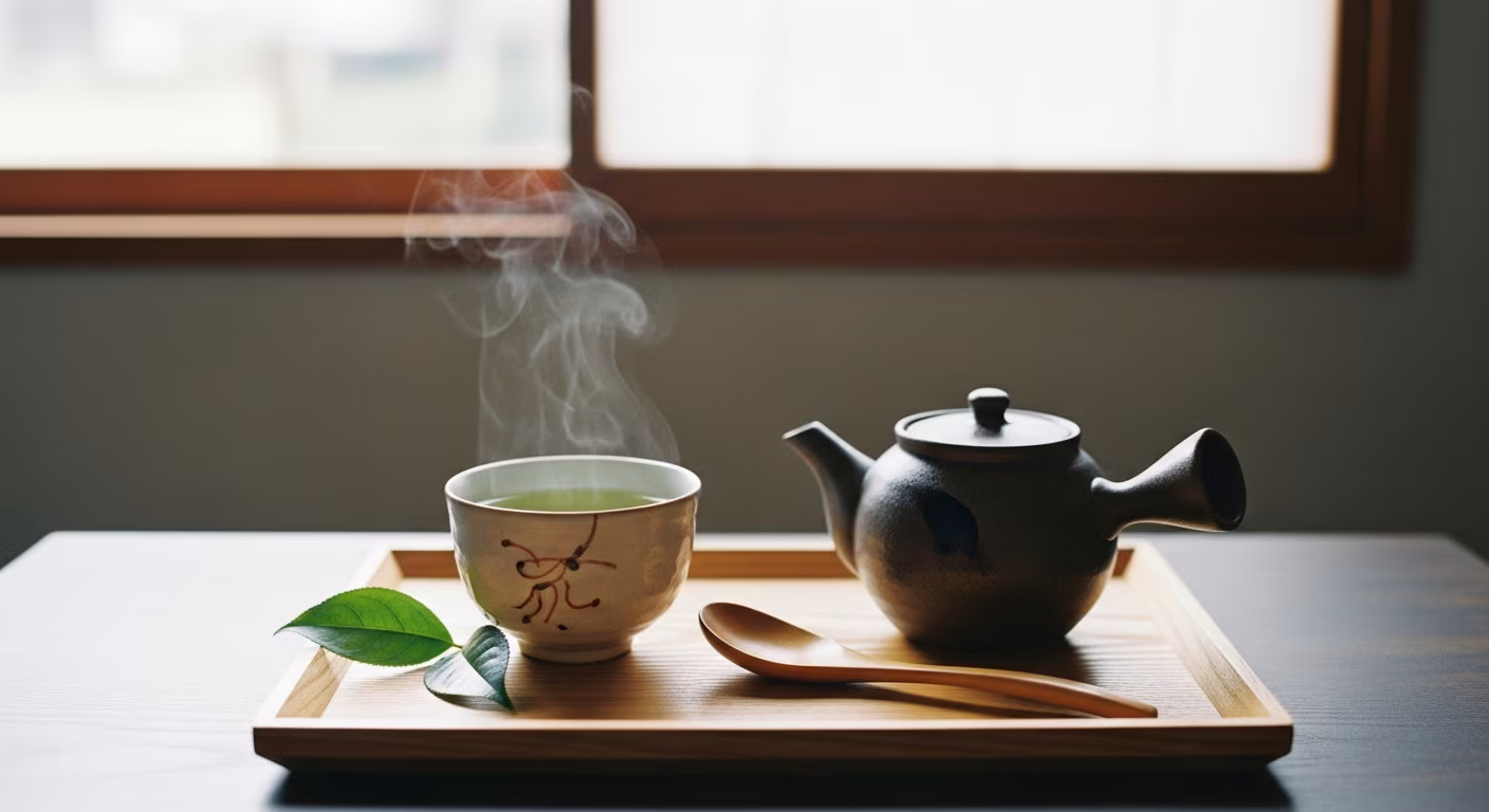 お茶の時間、急須と湯呑みと木のさじの整い、30代女性の小さな儀式