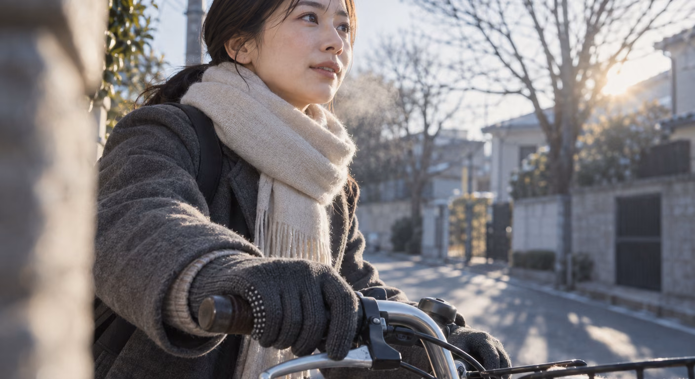 冬の朝の住宅街で、濃いグレーのニットの5本指の手袋をして自転車のハンドルを握る女性。グレーのコートに生成りのマフラーを巻いている