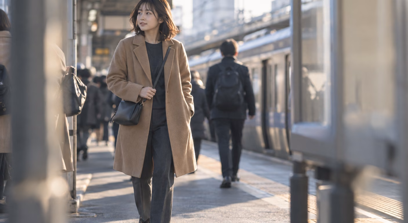 膝のあたりで裾が止まるキャメルのウールのコートを着て、秋の朝の駅のホームを歩く小柄な女性。コートの中は濃い灰のニットとパンツ