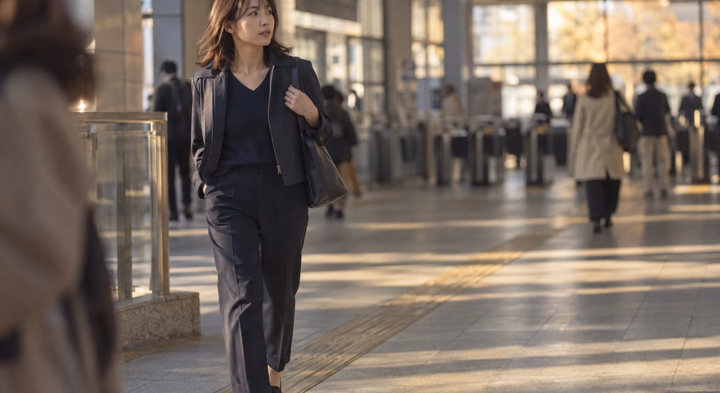 小柄な20代の女性が駅の通路で、前だけパンツに入れた紺のVネックニットと同じ濃さのまっすぐなパンツに、腰丈のジャケットを重ねて歩いている