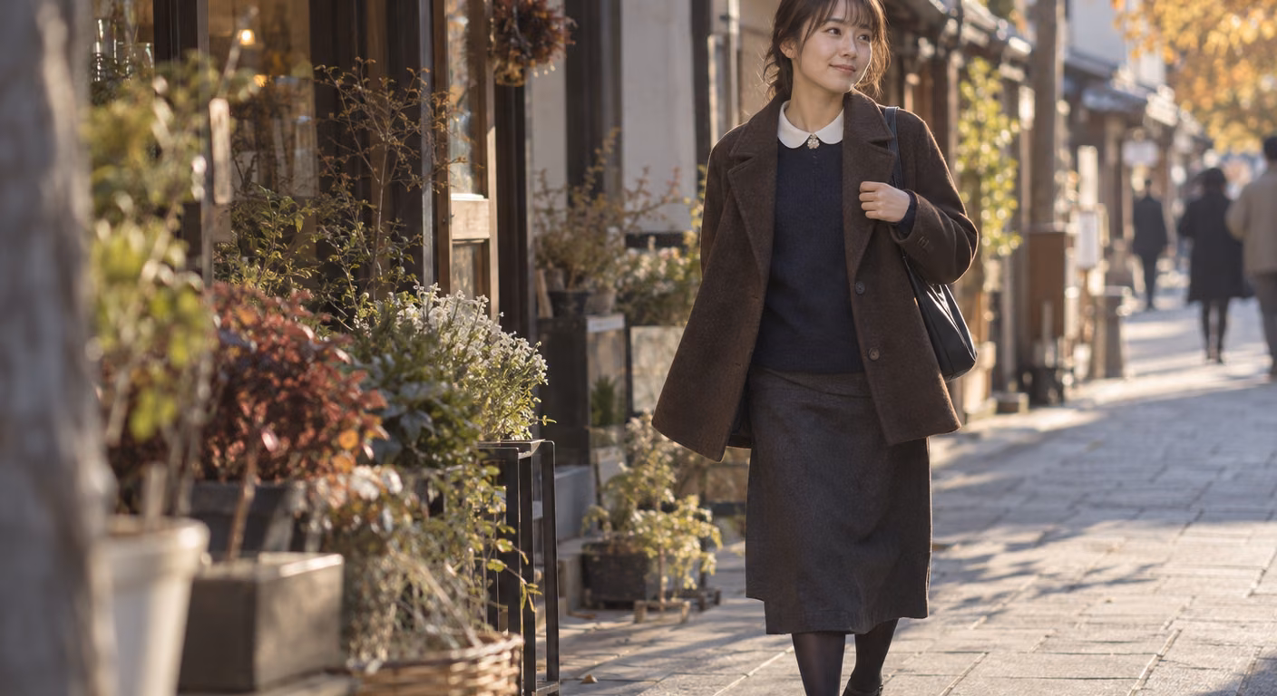 秋の商店街を歩く小柄な女性。前を開けた濃い茶色のウールコートの首元から白い丸い襟がのぞき、紺のニットに濃い色のスカートと黒いタイツを合わせている