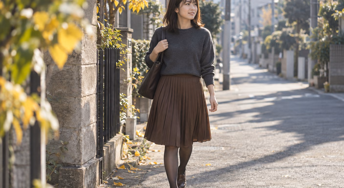 銀杏の葉が落ちた秋の住宅街を、グレーのニットに茶色のプリーツスカート、黒のタイツとローファーで歩く女性
