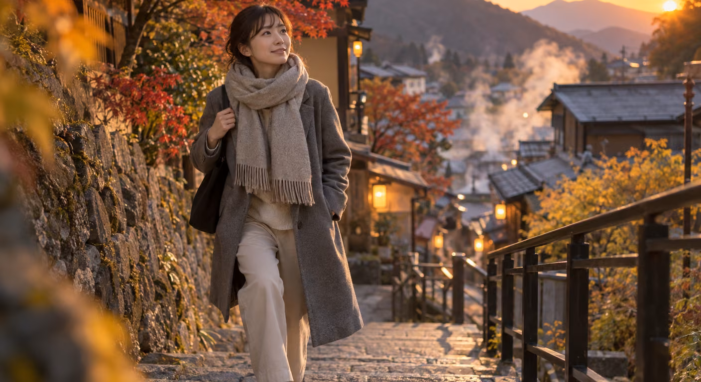 紅葉の始まった山あいの温泉街の石段を、灰色のウールのコートに厚手のストールを巻いた女性が歩いている夕方