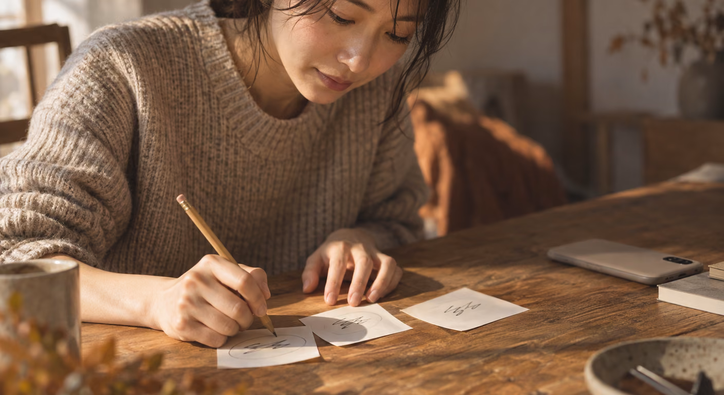 木の机に手書きのメモ3枚を並べ、ニットを着た女性が鉛筆で同じ言葉に丸を付けている