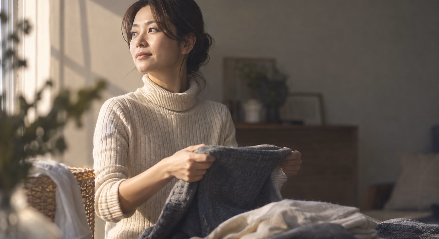 クリーム色のリブ編みタートルネックを着た女性が、窓辺でグレーのニットを手に取っている