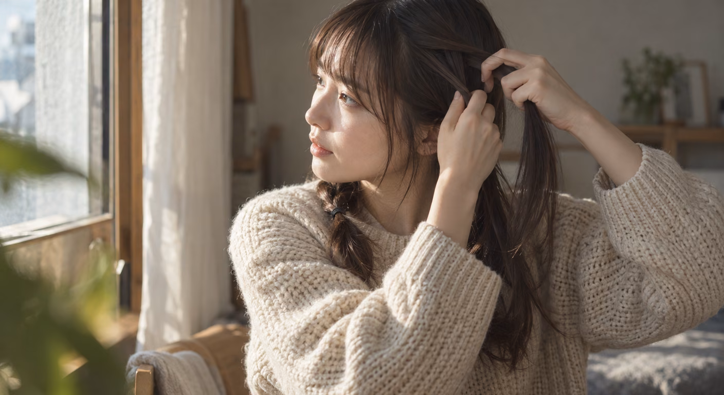 厚手のニットを着た女性が窓辺で耳の上の髪を指で三つに分け、ツインテールの編み込みを始めている斜め後ろからの姿
