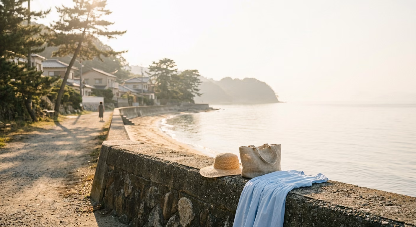 水辺の光の中で、薄い布がゆるやかに風を通している様子