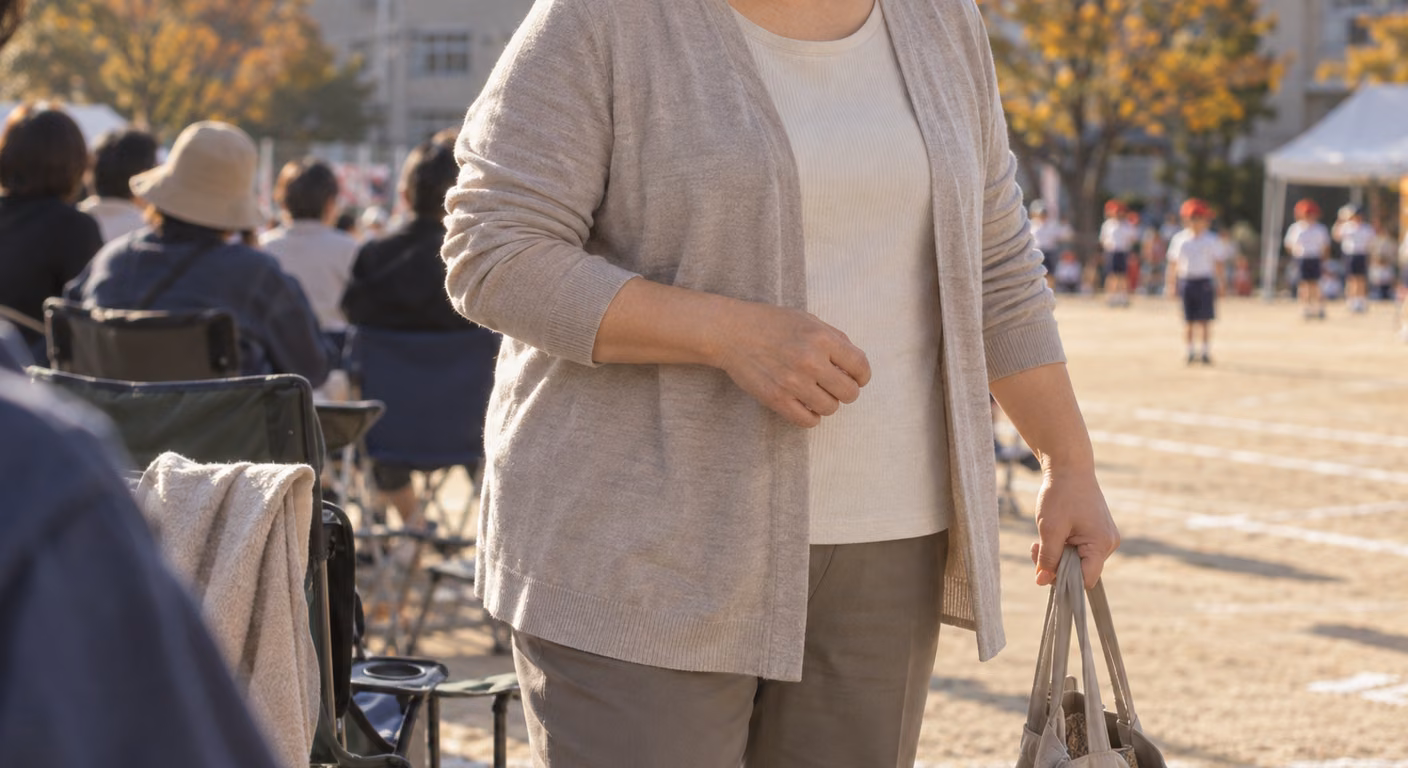 運動会コーデ 50代ぽっちゃり｜隠す羽織りが写真で重く見えない丈と色