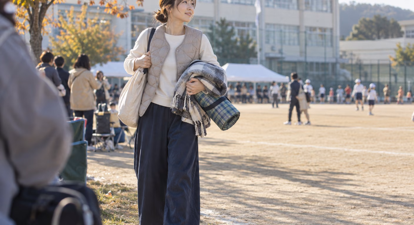秋の朝の校庭の端で、長袖に薄手のキルティングベストとくるぶし丈のワイドパンツの女性が、たたんだブランケットと丸めたレジャーシートを抱えて場所を探している