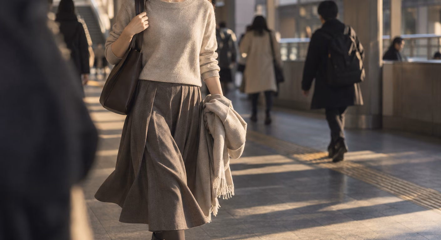 短い丈のニットにハイウエストの膝下スカートを合わせた女性の鎖骨から膝までが駅の通路で揺れている