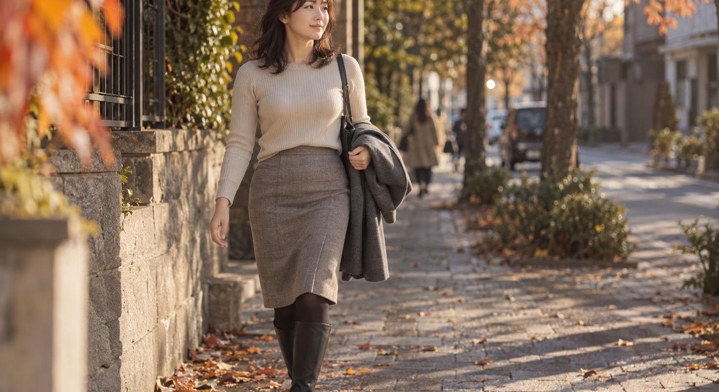 秋の通りを歩く女性。短めのニットの前をハイウエストの膝丈スカートに入れ、黒いタイツと細身の黒いロングブーツを同じ色でつないでいる