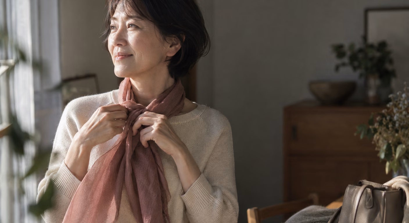 編み目の細かいクリーム色のニットの首元に、くすんだローズ色のスカーフをゆるく結んでいる50代の女性