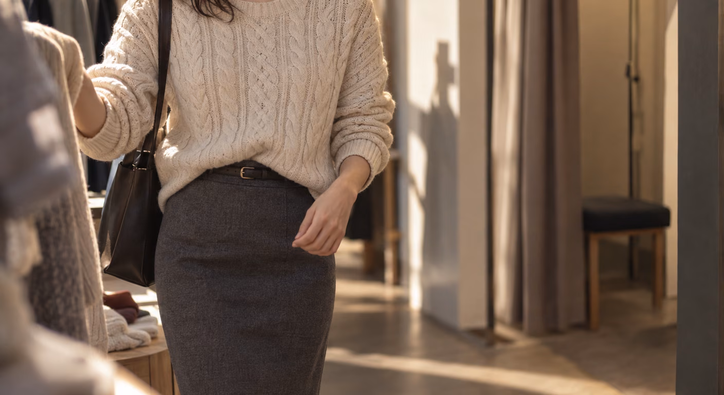 洋服店の試着室の近くで、生成りの縄編みの厚手ニットを細いベルトを締めたグレーのタイトスカートに入れ、袖を手首までたくし上げた女性の胸元から膝上まで