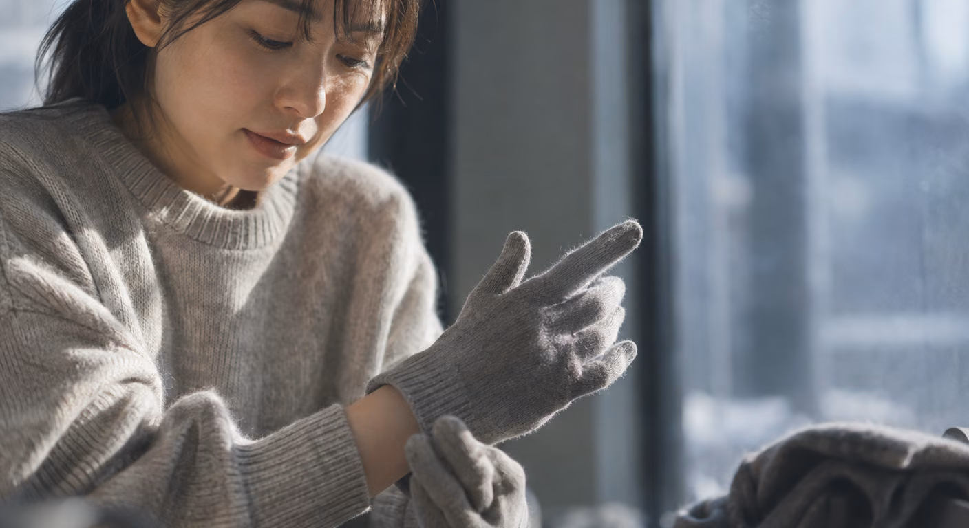 リブの袖口が手首の骨の上で止まった冬のニットを着て、薄手の手袋をはめようとしている手元