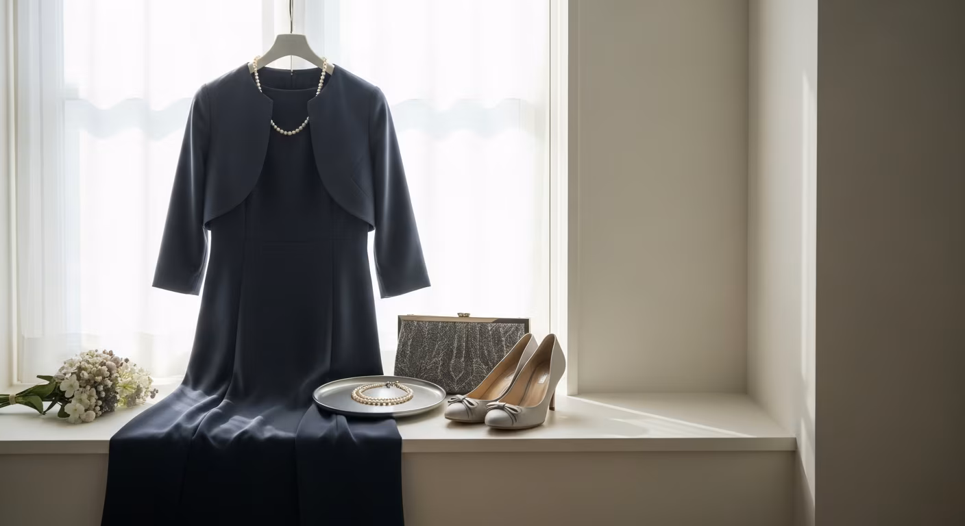 50代女性の結婚式お呼ばれコーデ、ネイビー or チャコールのIラインワンピース＋上質ボレロと上品な小物のスタイリング
