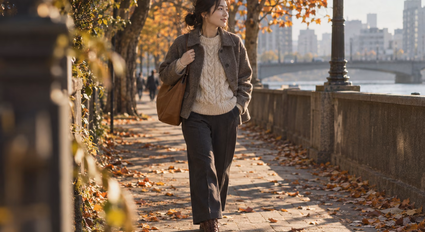 厚手のケーブルニットにまっすぐな濃色パンツ、赤茶の編み上げワークブーツを合わせた女性が、落ち葉の歩道を歩いている