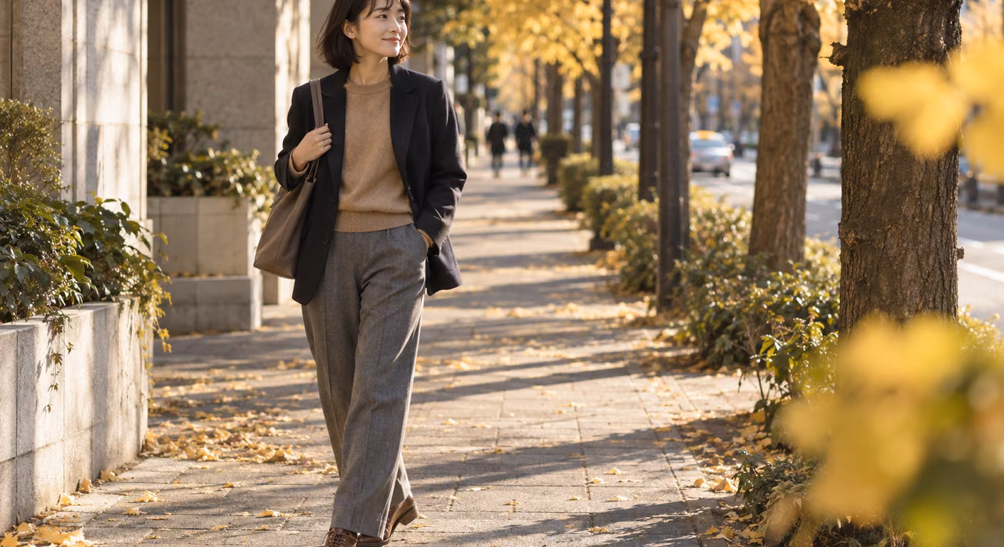 ワークブーツコーデ きれいめ|服の光沢と革の艶を同じ段にそろえる