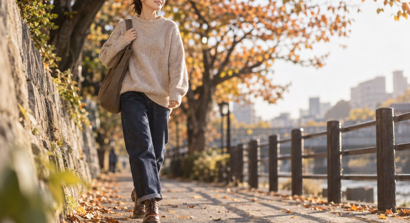 落ち葉の歩道で、濃い色のストレートジーンズの裾を茶色い革の編み上げワークブーツに軽くかぶせて踏み出す足元