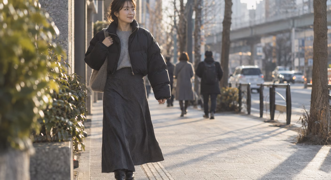 裾が腰骨より上で終わる黒い中綿の短いアウターの前を開け、グレーのニットと濃いグレーのロングスカート、黒いブーツで冬の歩道を歩く女性