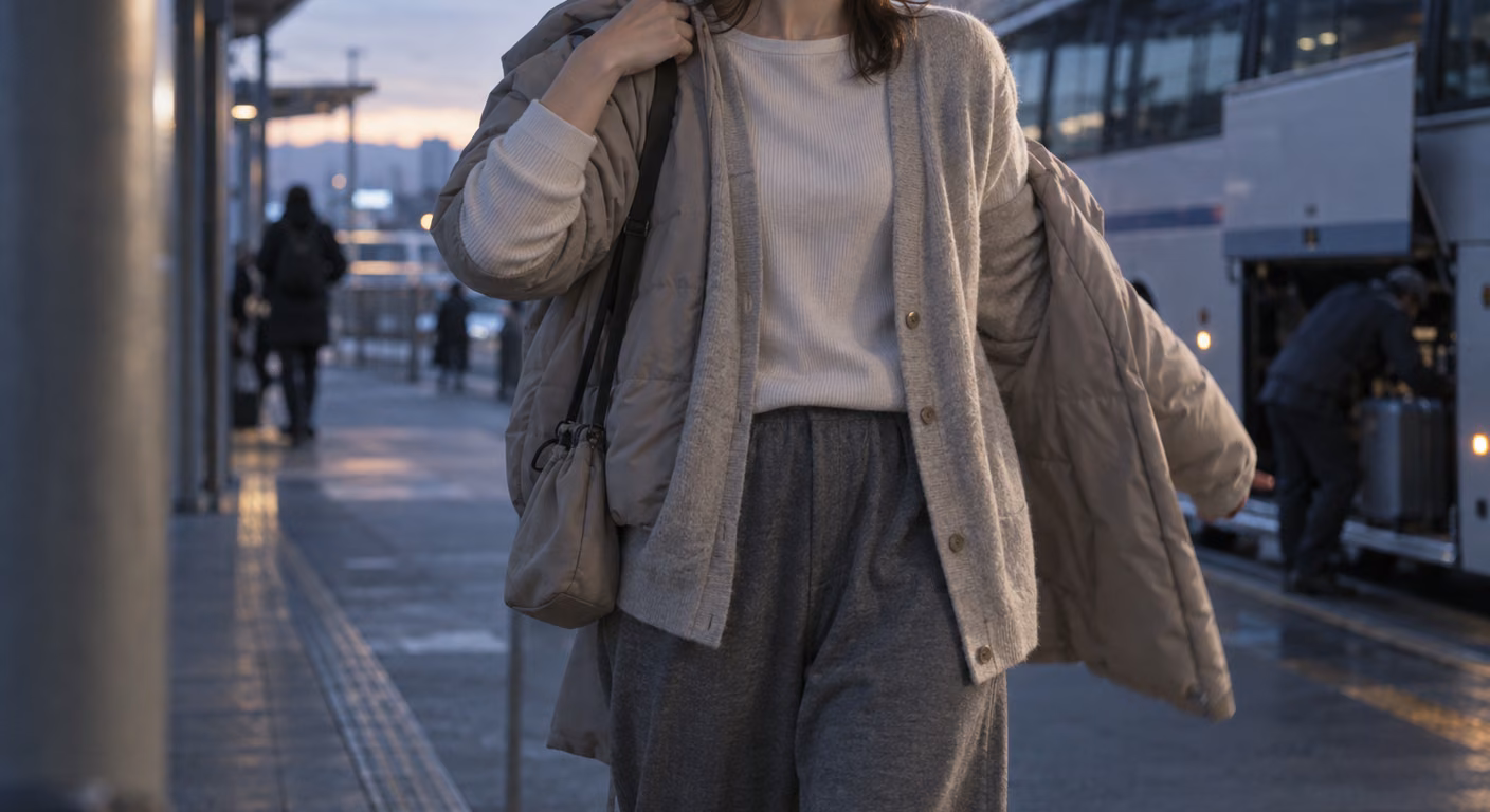 夜明け前のバスの降り場で、前の開いたカーディガンにゆるいパンツ姿の女性が、小さな鞄を肩に掛けたまま中綿の上着を羽織ろうとしている