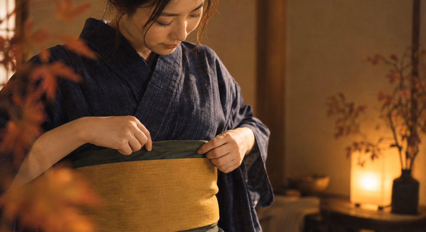 藍色の浴衣の胴に、深い緑とからし色の兵児帯を二本重ねて巻き、下の緑の帯を指で少し上へ引き出している手もと