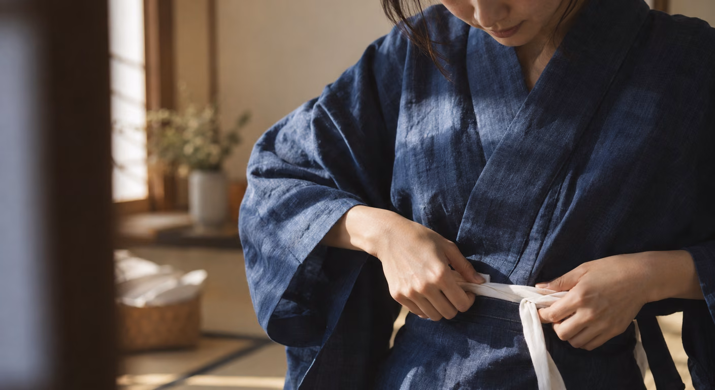 藍色の浴衣の腰の前で、白い綿の腰紐を2回絡げ、残った端を体に巻いた紐の下へ挟み込もうとしている両手の近接