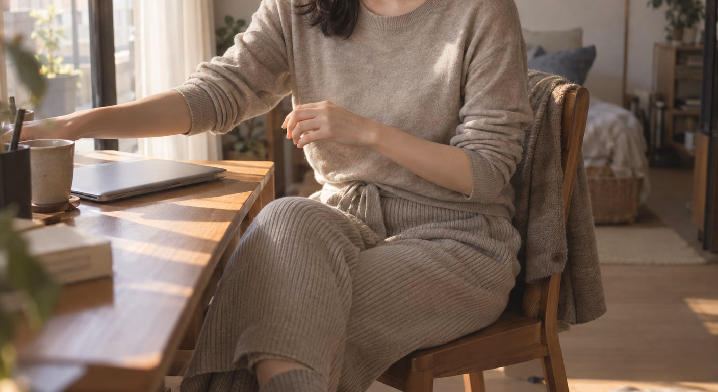 自宅の木の机に向かって座る女性の、鎖骨から膝までの丸首のやわらかなニットとゆるいパンツ