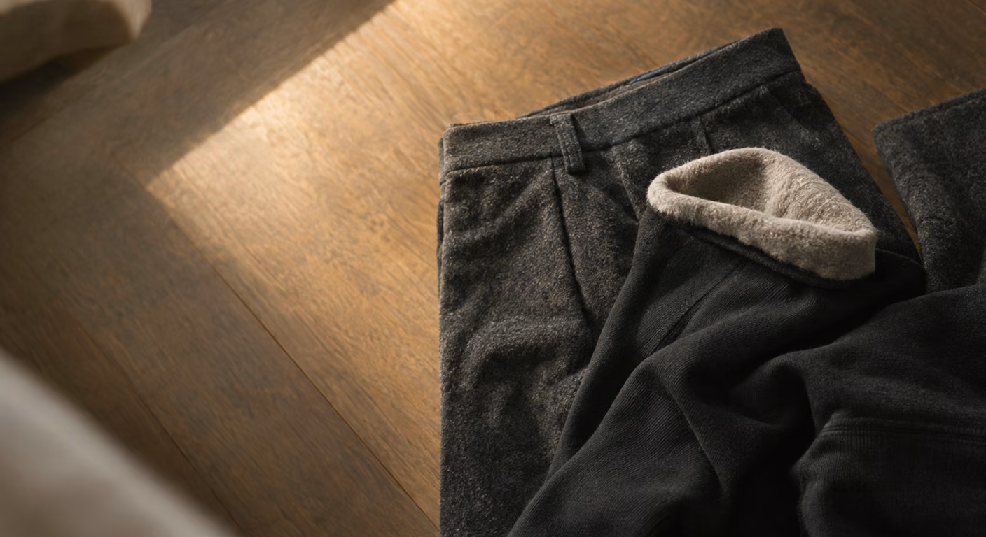 木の床の隅に、たたんだ濃い灰色のウールのズボンと、裏の起毛が見える黒い厚手のタイツが重なって置かれている