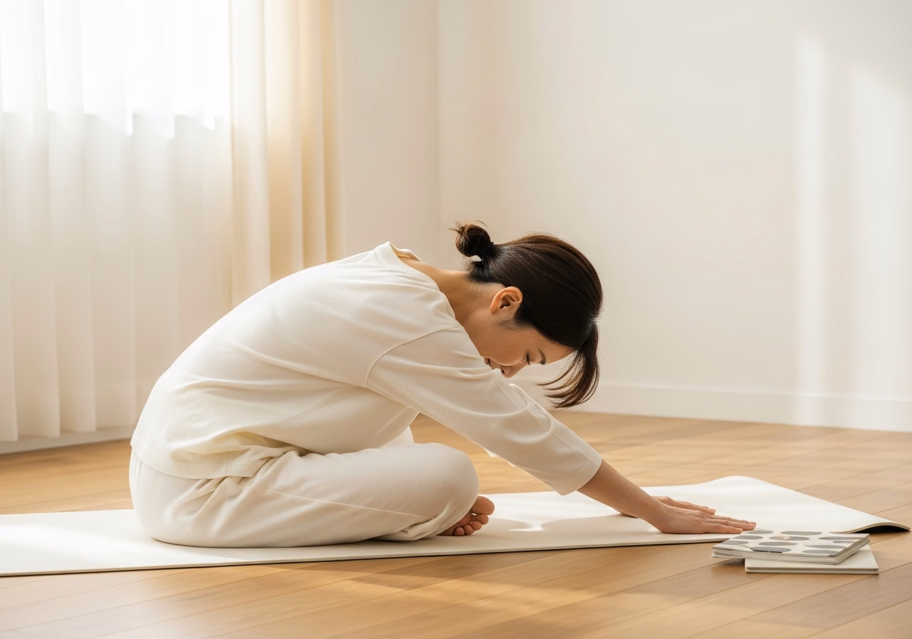 40代の朝10分ストレッチ｜クリームのヨガマットで穏やかに身体をほぐす