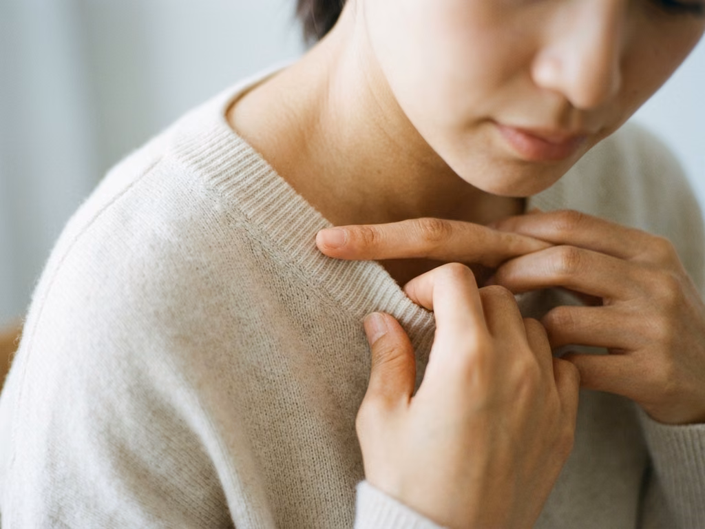 無地のトップスの襟元で、指先を鎖骨の線に沿わせて骨の出方を確かめている様子