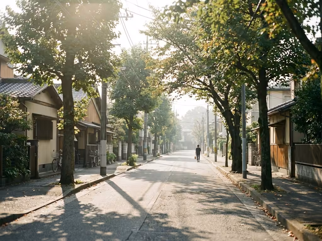 晩夏の朝の住宅街。強い日差しが並木の長い影を舗道に落としている