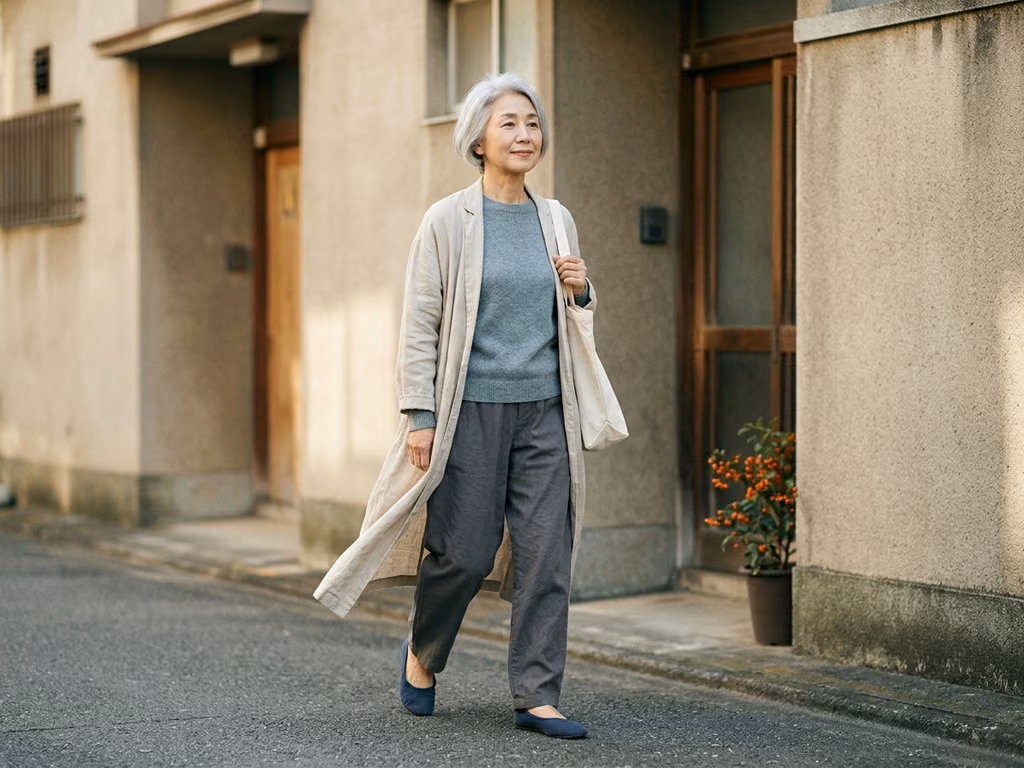グレーがかった青のニットに長めのカーディガン、ゆったりしたパンツと平らな靴で歩く女性