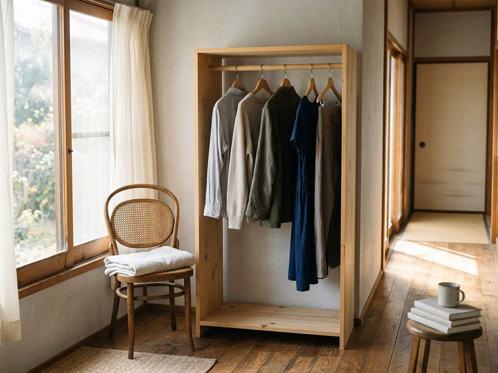 日本の住まいのクローゼット。シャツ、ニット、ジャケット、ワンピース、パンツが並んで掛かっている