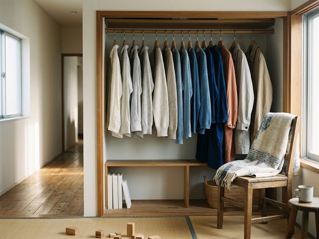 朝のクローゼットの一角。淡い色から濃い色へ順に掛けられた服と、床に落ちる光