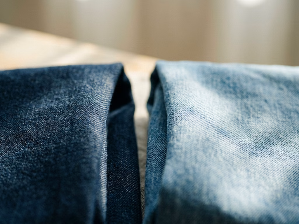 厚くて硬い濃紺のデニムと、薄くしなやかな色落ちしたデニムを並べた様子