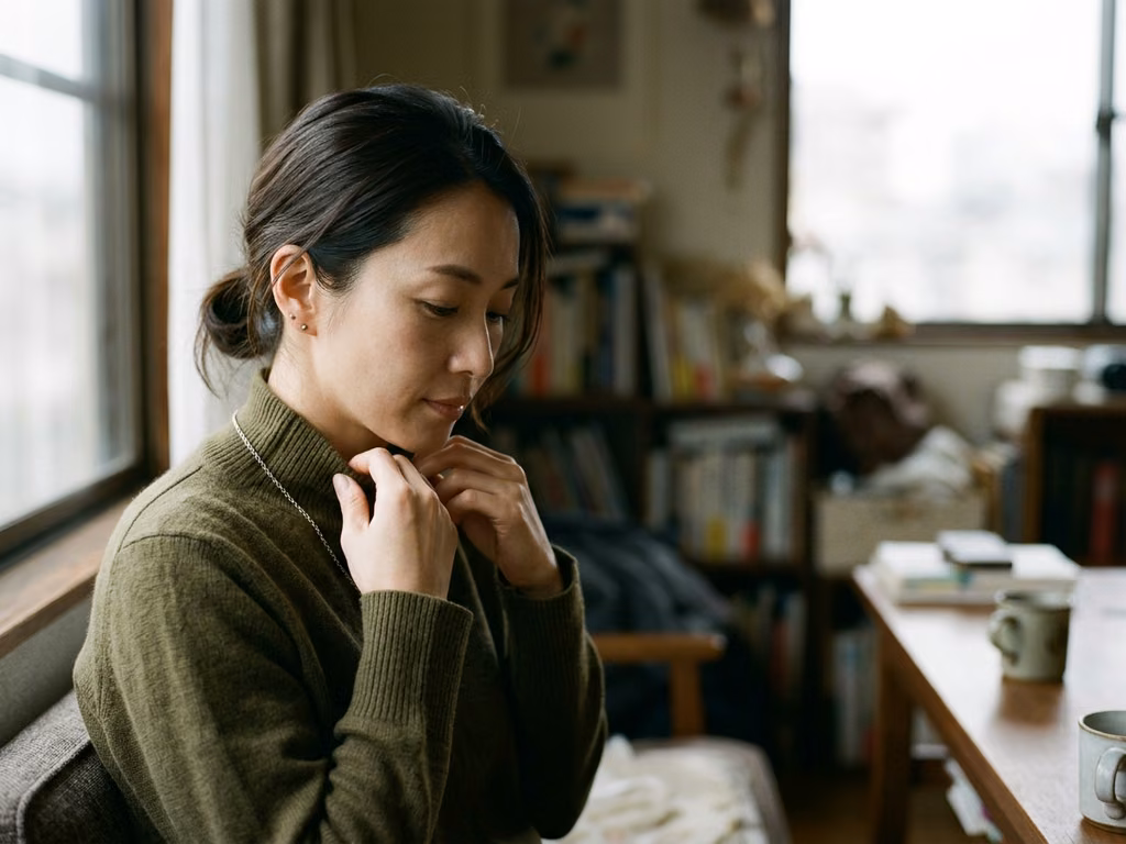 落ち着いた表情で視線を伏せた女性の斜め横顔。髪を後ろに流し、首元が見えている