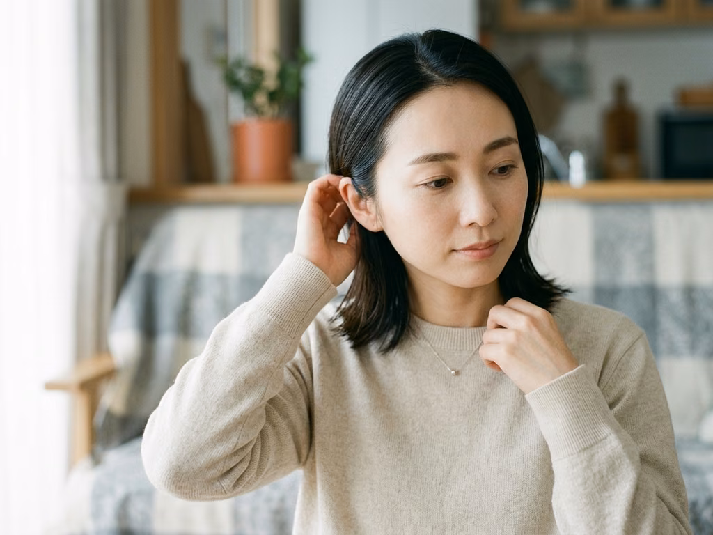 窓から入る自然光の中で、髪を耳にかけながら横を向いている女性