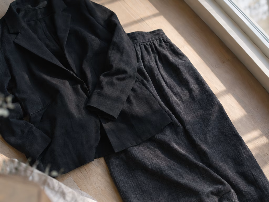 明るい窓辺の床に並べた、艶のない黒の上着と、少し灰色がかった黒のスカート